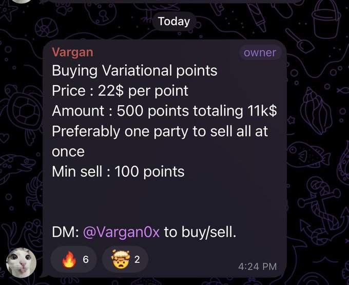 A Discord post by user "Vargan" (owner) displays a request to buy 500 Variational points at $22 per point, totaling $11k, with a minimum of 100 points per seller, directing interested parties to DM @Vargan0x. The image confirms the accompanying post's details about a new bid for Variational points at $22 each for 500 points.