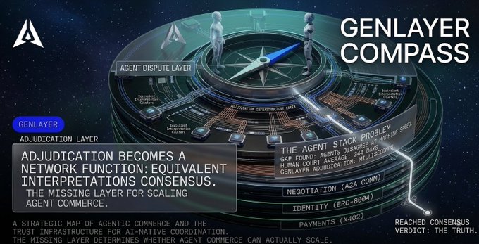 A digital infographic titled 'GENLAYER COMPASS' displaying a futuristic compass design with labels including 'AGENT DISPUTE LAYER', 'ADJUDICATION LAYER', 'NEGOTIATION (A2A COMM)', and text about scaling agent commerce.