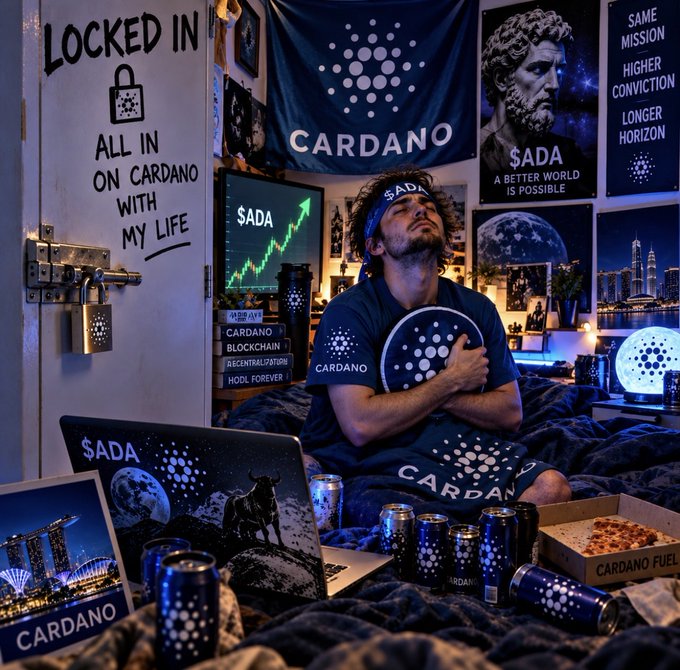 An AI-generated scene of a man surrounded by Cardano cryptocurrency branding, merchandise, and '$ADA' signage, with text including 'LOCKED IN', 'ALL IN ON CARDANO WITH MY LIFE', 'SAME MISSION HIGHER CONVICTION LONGER HORIZON', and 'CARDANO FUEL'.