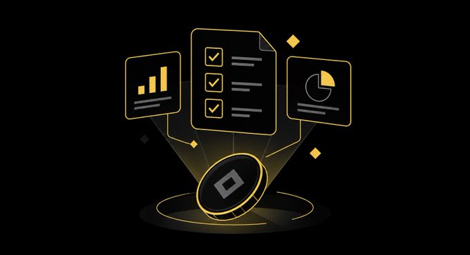 A dark-themed digital illustration featuring a gold coin with a geometric symbol projecting holographic documents including a checklist, bar chart, and pie chart.