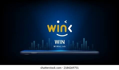 A digital graphic displays the text 'WIN WINKLink' in yellow and white lettering against a dark blue background, positioned above a stylized smartphone.