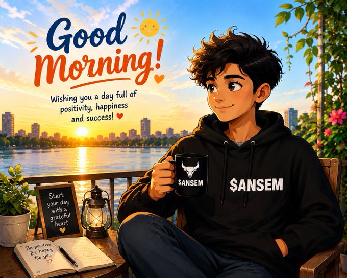 An illustration of a young man drinking from a "$ANSEM" mug, sitting on a balcony at sunrise, with "Good Morning! Wishing you a day full of positivity, happiness and success!"