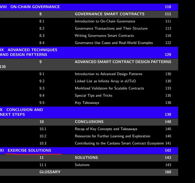 The image shows a table of contents page from a technical book or guide covering advanced blockchain development topics, specifically focused on Cardano smart contracts built using the Plutus programming language and eUTxO model. The visible sections include Chapter 8 on Governance Smart Contracts (pp. 111-128), Chapter 9 on Advanced Smart Contract Design Patterns (pp. 130-138), Chapter 10 on Conclusions (p. 140), a Solutions appendix starting at p. 143, and a Glossary on p. 160. This connects to the post about building on UTXOs by showcasing a comprehensive educational resource that has gained popularity (61 stars, 12 forks) for teaching developers how to build sophisticated smart contracts on Cardano's unique UTXO-based architecture.