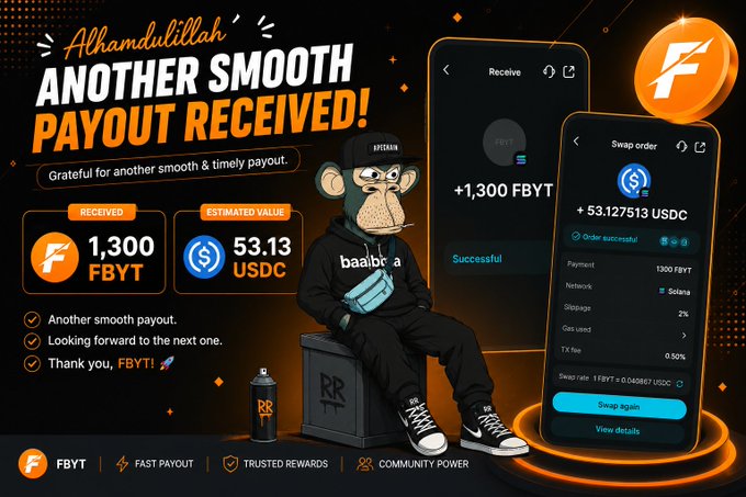 A promotional graphic announcing 'ANOTHER SMOOTH PAYOUT RECEIVED!' showing 1,300 FBYT ($53.13 USDC) received, featuring a Bored Ape-style character and phone screenshots of the transaction on the FBYT platform.