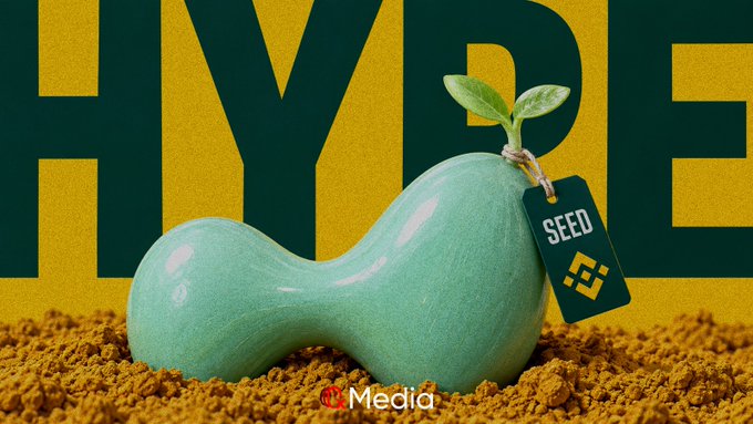 A promotional graphic featuring a green, bean-shaped ceramic planter with a sprout, sitting on brown soil against a yellow background with the text 'HYBE', a 'SEED' tag, and 'NC Media' logo.