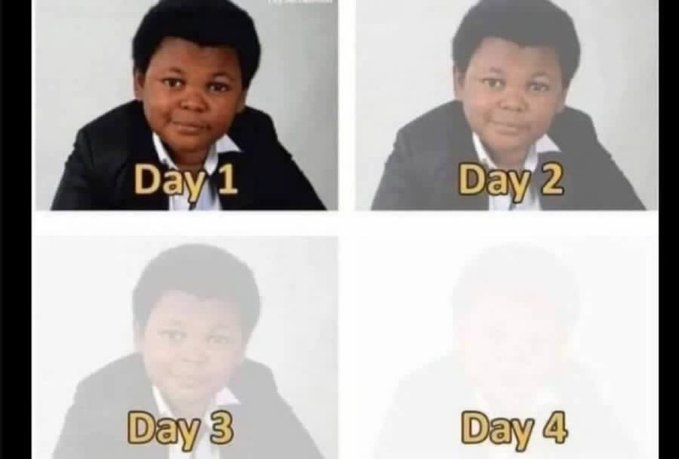 A meme showing four panels labeled 'Day 1' through 'Day 4' of a boy's school photo, with the image progressively fading to white each day.