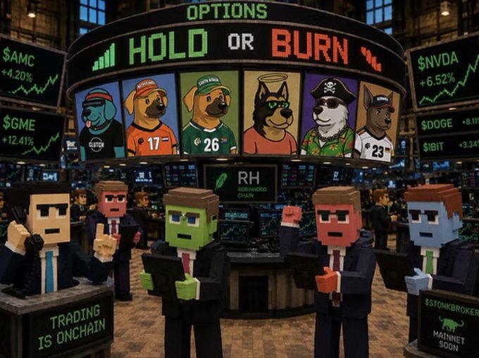 A pixel-art trading floor scene displays an "OPTIONS HOLD OR BURN" banner above Clutch puppy characters ($GME +12.41%, $AMC +4.20%, $NVDA +6.52%), with suited "RH Redwood Chain Ghoul" StonkBrokers holding signs reading "TRADING IS ONCHAIN" and "$STONKBROKER MAINTNET SOON," promoting the burning of Clutch Puppies NFTs for a guaranteed StonkBrokers mint.