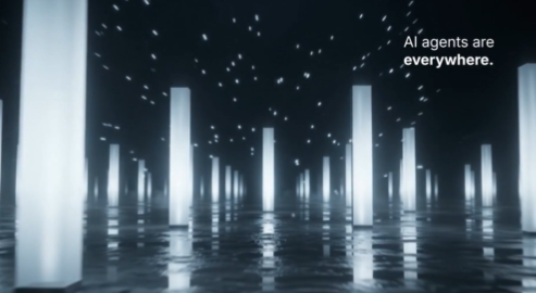 An abstract 3D scene featuring glowing white pillars reflecting on a watery floor under a starry sky, with text stating 'AI agents are everywhere.'
