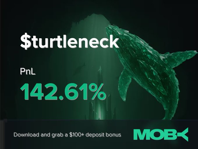 A green whale swims through an underwater cavern in a promotional graphic for Moby, announcing that trader "$turtleneck" closed a position with a PnL of 142.61%, accompanied by a "$100+ deposit bonus" offer.