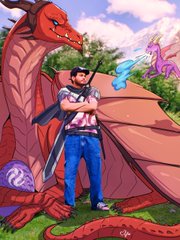 An illustration shows the same cartoon character in the Hawaiian shirt now holding a sword, standing in front of a large red dragon with smaller colorful dragons in the background.
