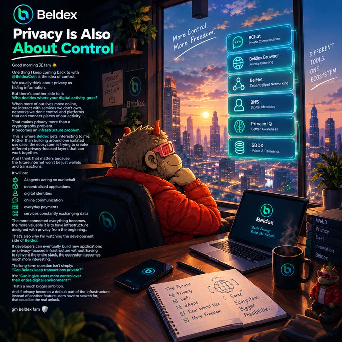 An illustrated promotional image for Beldex titled 'Privacy Is Also About Control,' featuring an orangutan in pink sunglasses at a desk overlooking a city, with a checklist including 'DeFi,' 'dApps,' and 'Real World Use.'
