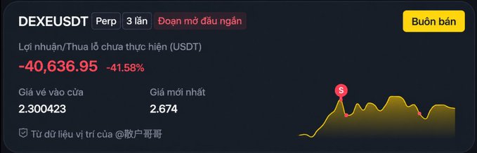 A trading dashboard shows a DEXEUSDT Perp position with 3x leverage being shorted, displaying an unrealized loss of -40,636.95 USDT (-41.58%), with an entry price of 2.300423 and current price of 2.674, illustrated by a price chart showing a sharp spike opposite to the short position. The image visually reinforces the post's warning about overleveraged shorting after mocking a CEO, exemplifying how ego-driven trades can result in massive account losses.