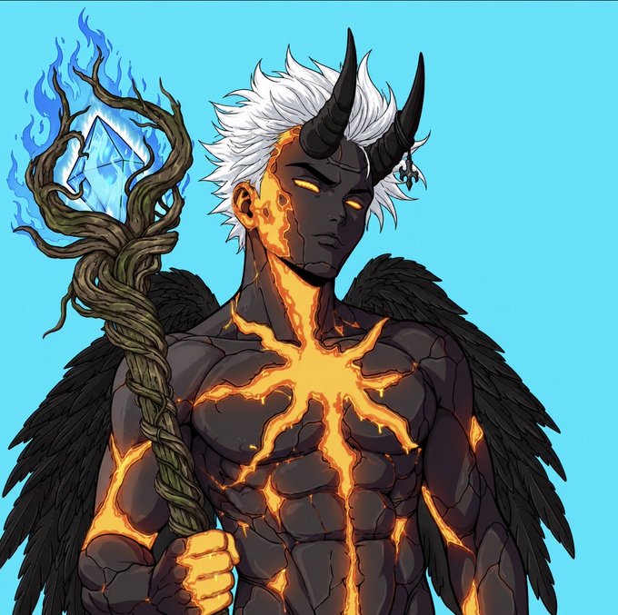 A digital illustration of a demon-like figure with white hair, black horns, glowing yellow eyes, and black feathered wings, holding a wooden staff with a glowing blue crystal and blue flames.