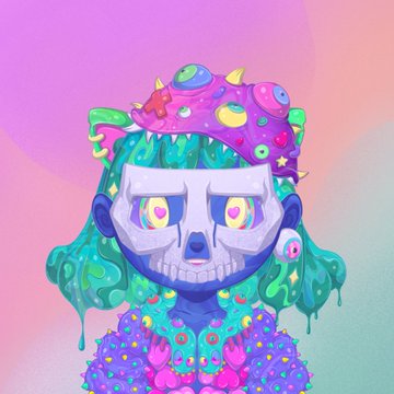 A vibrant, colorful digital illustration features a melting skeletal figure with glowing eyes, wearing a dripping crown adorned with candy and surrounded by floating stars and hearts.