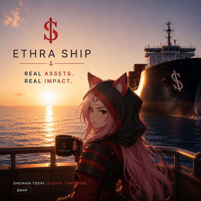 An anime-style character with pink hair, fox ears, and a dark hooded outfit stands on a ship's deck at sunset, holding a branded "Ethra Ship" mug while a large cargo vessel floats in the background. The image is overlaid with the Ethra Ship logo, the tagline "Real Assets. Real Impact.", and the text "Onchain Today. Oceans Tomorrow." along with the ticker "$SHIP", visually reinforcing the post's message about bringing real maritime assets onchain through blockchain technology.
