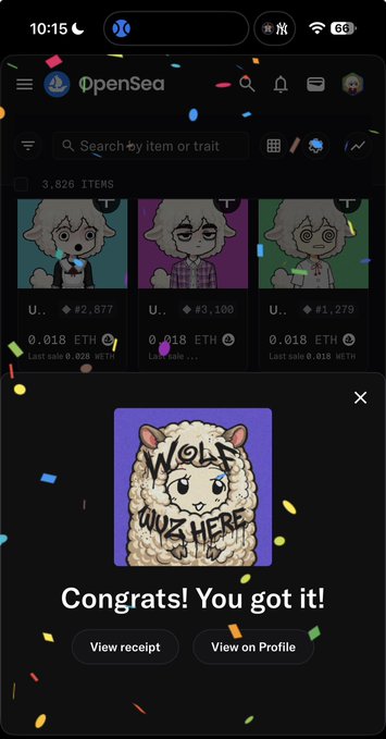 A screenshot of the OpenSea app showing a 'Congrats! You got it!' notification for an NFT featuring a fluffy alpaca with 'WAGMI' and 'BUZZ HERE' text, over a 3,826-item collection.