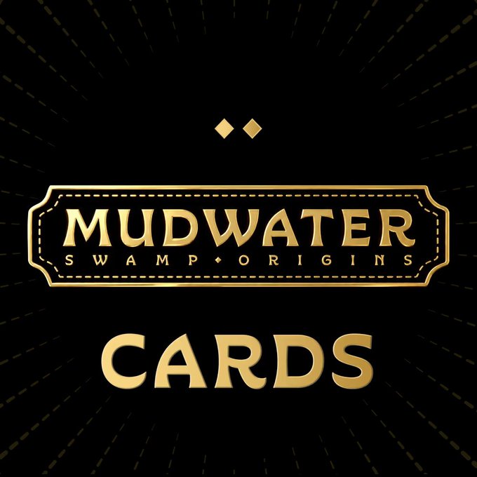 The image displays a promotional graphic with gold metallic text on a black background, featuring "MUDWATER" in an ornate bordered frame, "SWAMP ORIGINS" beneath it, and "CARDS" in large bold lettering below. This represents the Mudwater TCG card collection mentioned in the post, which consists of 2,400,000 cards in its first set, where a portion of SOL trading volume will be used to purchase APE tokens for redistribution to cardholders.