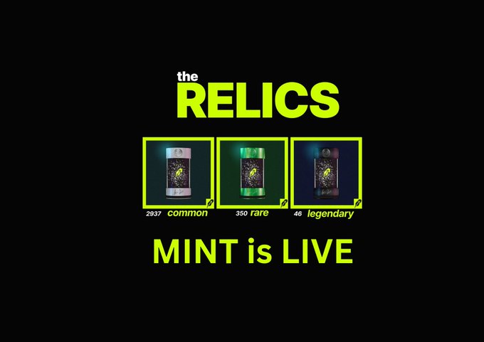 A promotional graphic for "The Relics" NFT mint announcement features three card tiers against a black background: a Common card (2,937 minted), a Rare card (350 minted), and a Legendary card (46 minted), with bold text declaring "MINT is LIVE" in vibrant green, matching the post's announcement that the minting event is now open for 0.0005 ETH on OpenSea.