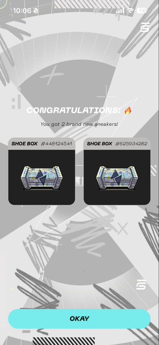 A mobile app screen displaying 'CONGRATULATIONS! You got 2 brand new sneakers!' with two 'SHOE BOX' items (IDs #448124541 and #625934282) and an 'OKAY' button.