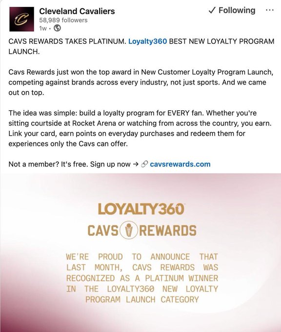 The image is a LinkedIn post from the Cleveland Cavaliers announcing that their "Cavs Rewards" program won the Loyalty360 Platinum award for Best New Loyalty Program Launch, beating out brands across all industries. The accompanying caption from the post's author congratulates the Cavs and notes the program was built on Avalanche with uptop.xyz.