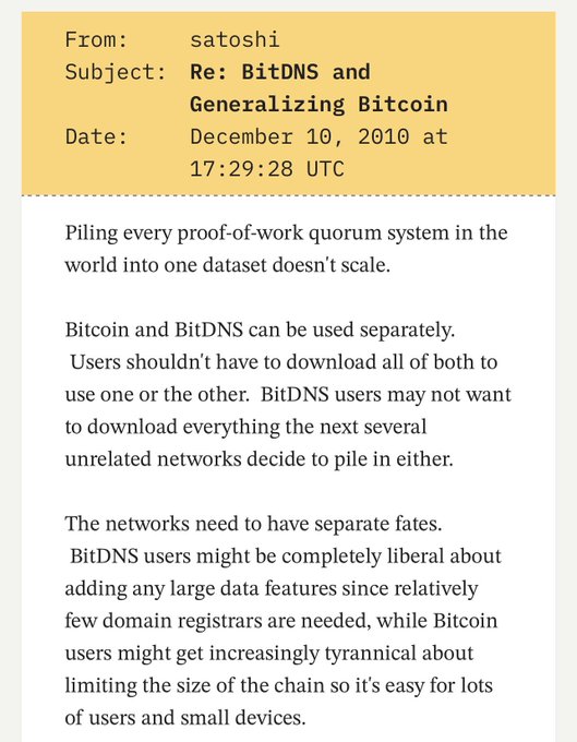 This image shows an email by Satoshi from December 10, 2010, titled "Re: BitDNS and Generalizing Bitcoin," where Satoshi argues against combining BitDNS and Bitcoin into one dataset, stating the networks should have separate fates because combining proof-of-work quorum systems doesn't scale and users shouldn't be forced to download data from unrelated networks.

The image relates to the accompanying post because it shows Satoshi's original philosophical opposition to forcing Bitcoin to accommodate every use case or feature, foreshadowing how Bitcoin has historically resisted protocol changes (like hard forks for new PoW algorithms such as Blake2b) in order to keep the core network lean and maintain its independent trajectory rather than merging with other systems.