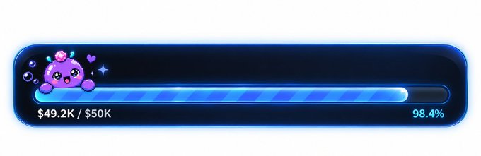 A blue progress bar shows $49.2K / $50K at 98.4% completion, decorated with a cute purple creature emoji.