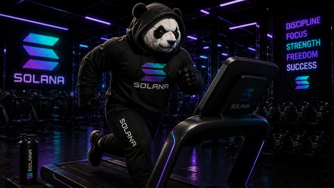 The image features a man wearing a panda costume, running on a treadmill while surrounded by purple neon lights. The caption reads "gm. new week. new reps. most people are waiting for motivation. the winners are already moving. stay consistent. keep building. keep stacking." This suggests that the man in the panda costume is promoting a fitness challenge or workout routine and encouraging others to stay active and motivated during their exercise sessions, just like the panda character from "Panda's Workout" series.