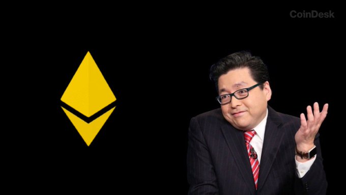 Tom Lee, Chairman of Fundstrat, appears alongside the Ethereum (ETH) logo, likely commenting on his bullish ETH outlook as BitMNR's massive 10,399 ETH purchase brings its holdings to 5.8M ETH valued at $10.7B, while he notes Ethereum outperformed the Nasdaq by 2,500 basis points in July.