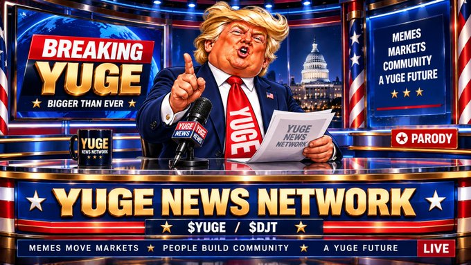A satirical fake news broadcast featuring a caricature of Donald Trump with the text 'BREAKING YUGE', 'YUGE NEWS NETWORK', 'YUGE / $DJT', 'MEMES MARKETS COMMUNITY A YUGE FUTURE', 'PARODY', and 'LIVE'.