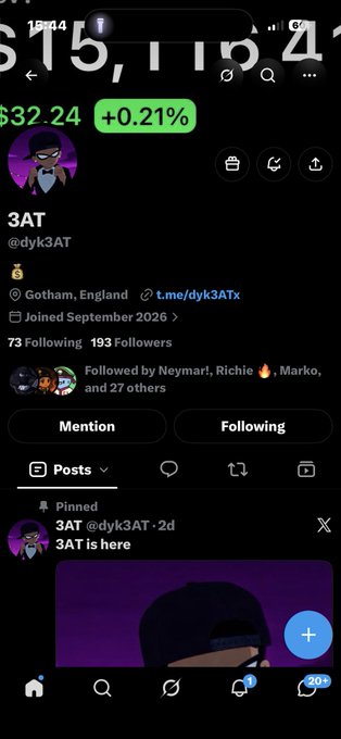 A Twitter/X profile for '3AT' (@dyk3AT) showing 193 followers, based in Gotham, England, with a pinned post reading '3AT is here'.