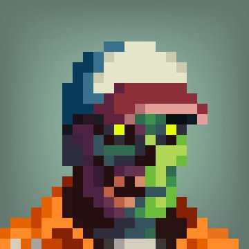 A pixel art portrait of a green-skinned character with yellow eyes wearing a white and red cap, a dark hooded cloak, and an orange jumpsuit, set against a teal background.