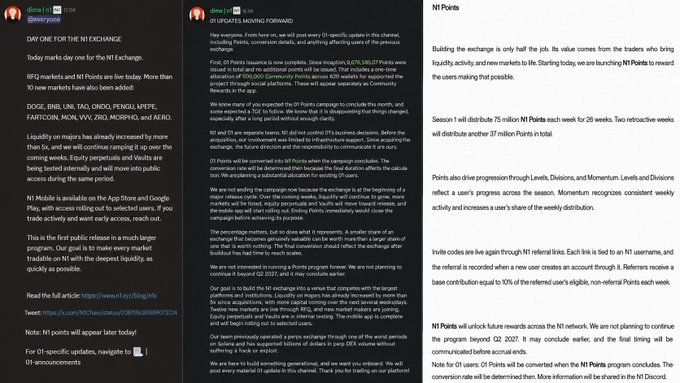 The image shows three slides from an N1 Chain announcement titled "01 Points," detailing how the points will be distributed to users based on liquidity, NFT activity, and marketplace volume over 28 weeks, with 75 million NT Points to be distributed as another 27 million Points are converted. The accompanying post criticizes the announcement for allegedly failing early users by deferring their rewards and converting their accumulated 01 Points when the program concludes rather than delivering immediate value.