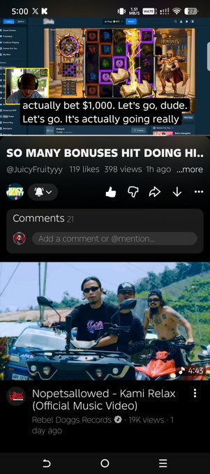 A YouTube mobile screenshot shows a video titled 'SO MANY BONUSES HIT DOING HI...' by @JuicyFruityyy, with overlaid text 'actually bet $1,000. Let's go, dude. Let's go. It's actually going really', and a recommended video below for 'Nopetsallowed - Kami Relax (Official Music Video)' by Rebel Doggs Records.