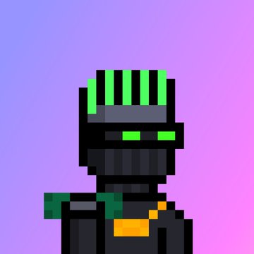 A pixel art illustration depicts a robotic figure with green striped hair and glowing green eyes against a purple-pink gradient background.