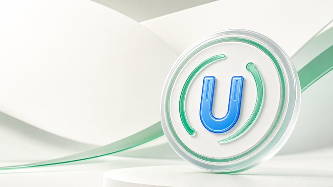 A sleek 3D rendering features a glowing blue "U" emblem encircled by a transparent green ring, set against flowing white and mint-green ribbons. The "U" symbol visually represents the $UARC platform token launching via the direct-to-V3 model on Arc, as mentioned in the accompanying announcement.