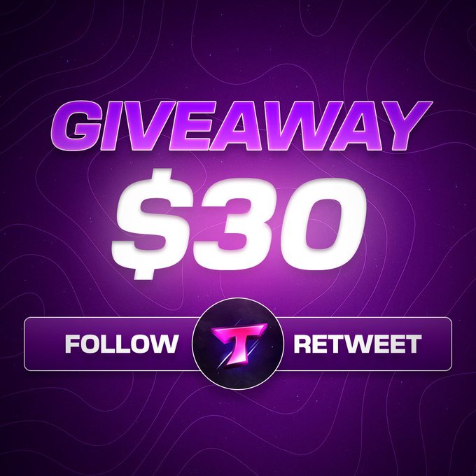 A purple promotional graphic advertising a $30 giveaway requiring participants to follow and retweet.