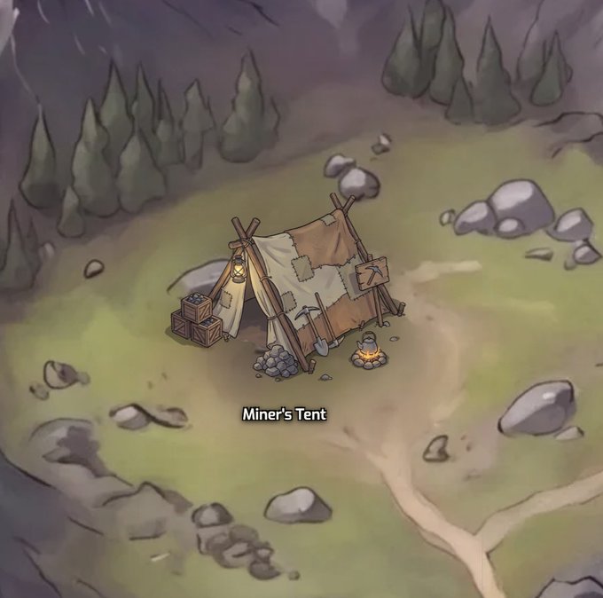 A digital illustration of a small encampment with a tent, campfire, pickaxe, and crates labeled 'Miner's Tent' set in a grassy, rocky area near pine trees.