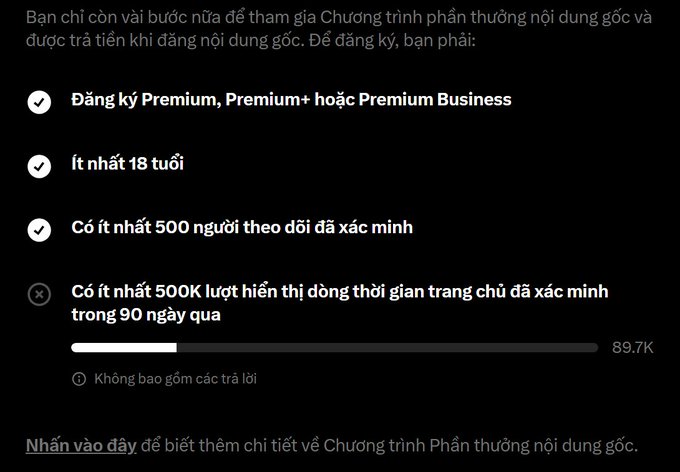 A Vietnamese-language screenshot showing YouTube Partner Program eligibility requirements, with the 500K concurrent viewers requirement unmet at 89.7K.
