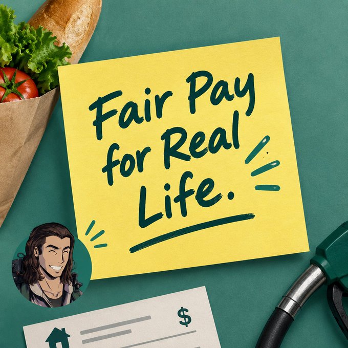 A graphic design on a teal background featuring a yellow sticky note that reads "Fair Pay for Real Life." with a cartoon avatar in the corner and a fuel nozzle visible on the right.