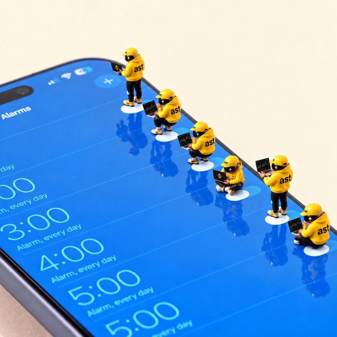A creative 3D render showing miniature figures in yellow 'astr' hoodies working on laptops placed on the screen of a smartphone displaying an Alarms app.