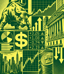 A green-tinted financial collage featuring a charging bull, dollar sign, stock market graphs, city skyline, and stock index figures (+3.26, +1.08, -0.74, +2.19).