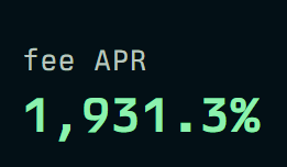 Digital text on a dark background reads 'fee APR' followed by '1,931.3%' in large green numbers.
