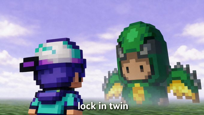 Two voxel-style characters, one in a purple tech-themed hood and another in a green hooded outfit with gold-tipped wings, face each other in a grassy field under a cloudy sky, with the subtitle "lock in twin" reinforcing the post's call to join Bakeland and build the game.