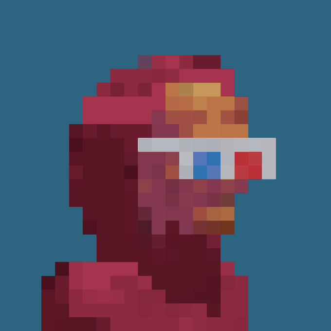 Pixel art illustration of a figure with red and orange tones wearing a headband with the French flag colors (blue, white, red).