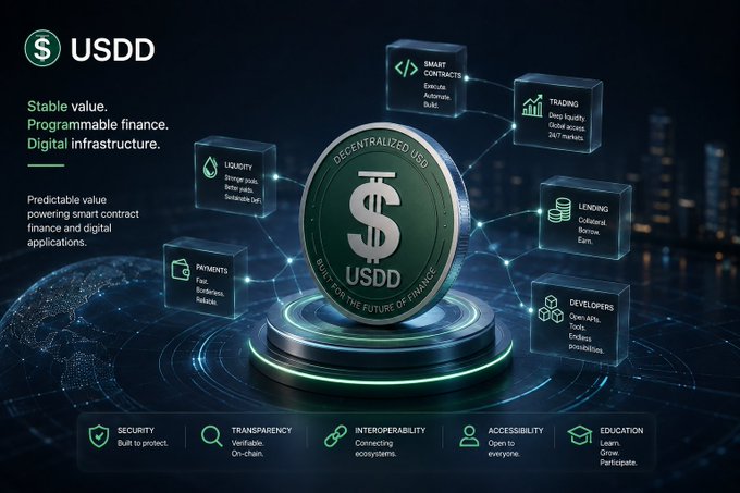 A USDD cryptocurrency infographic showing a central green coin with 'DECENTRALIZED USD' and 'BUILT FOR THE FUTURE OF FINANCE', surrounded by features like Smart Contracts, Trading, Liquidity, Lending, Payments, and Developers, with category icons for Security, Transparency, Interoperability, Accessibility, and Education at the bottom.