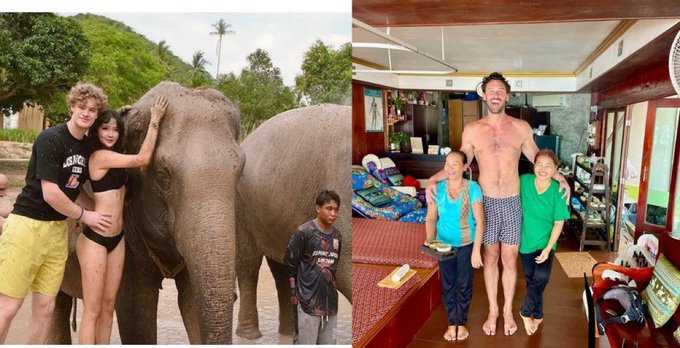 The image shows two photos: one of a young couple posing with an elephant in a tropical setting, and another of the same couple posing with two local women inside what appears to be a home. The accompanying post uses these images as an analogy—suggesting that instead of a legitimate governance token system, the project in question is asking users to screenshot (easily manipulated) status from competing platforms and email it in, undermining the value for genuine token holders who believed in the original staking model.