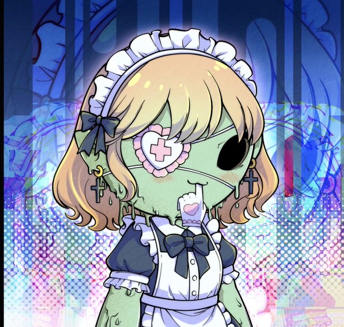 An anime-style illustration depicts a zombie girl dressed in a maid outfit with a frilly headband, a cross patch over one eye, and cross earrings, making a shushing gesture with her finger.