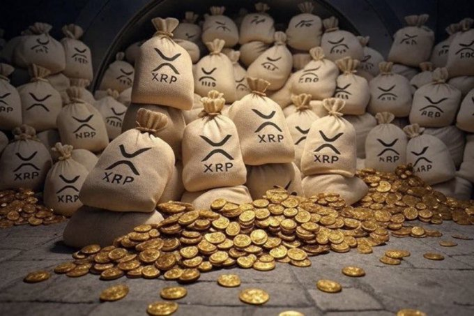 A pile of money bags labeled 'XRP' sits atop scattered gold coins in a vault-like setting.