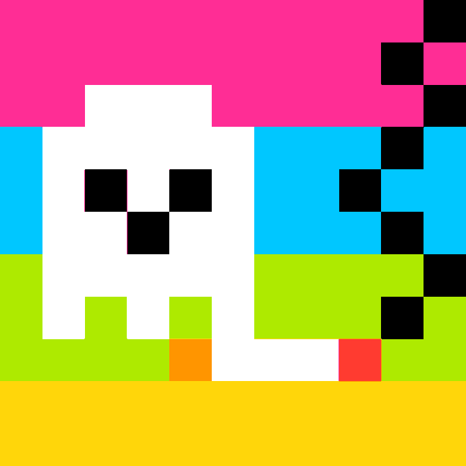 A pixel-art character resembling a white bird with black square eyes stands against a vibrant background of pink, blue, green, and yellow.