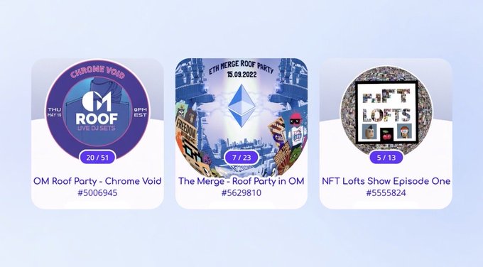 Three NFT collection cards displayed: OM Roof Party - Chrome Void #5006945 (20/51), The Merge - Roof Party in OM #5629810 (7/23), and NFT Lofts Show Episode One #5555824 (5/13).